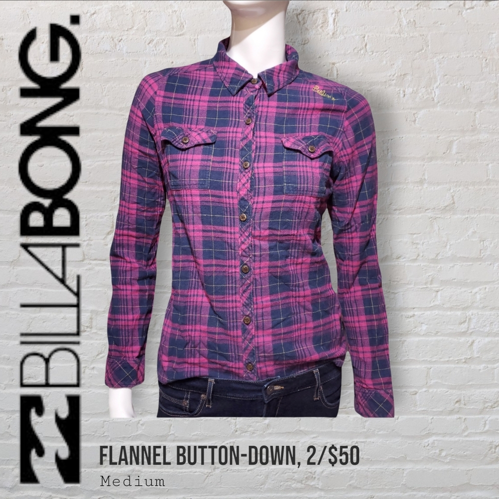 Billabong Blue Hot Pink Plaid Cotton Button Up Women's Medium